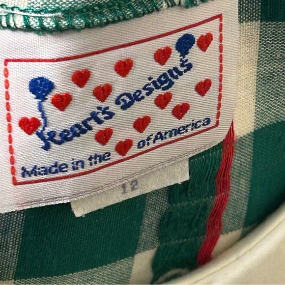 Vtg Hearts Design Dress Girls 12 Green Ivory Check Christmas Holiday USA Modest - Picture 3 of 12